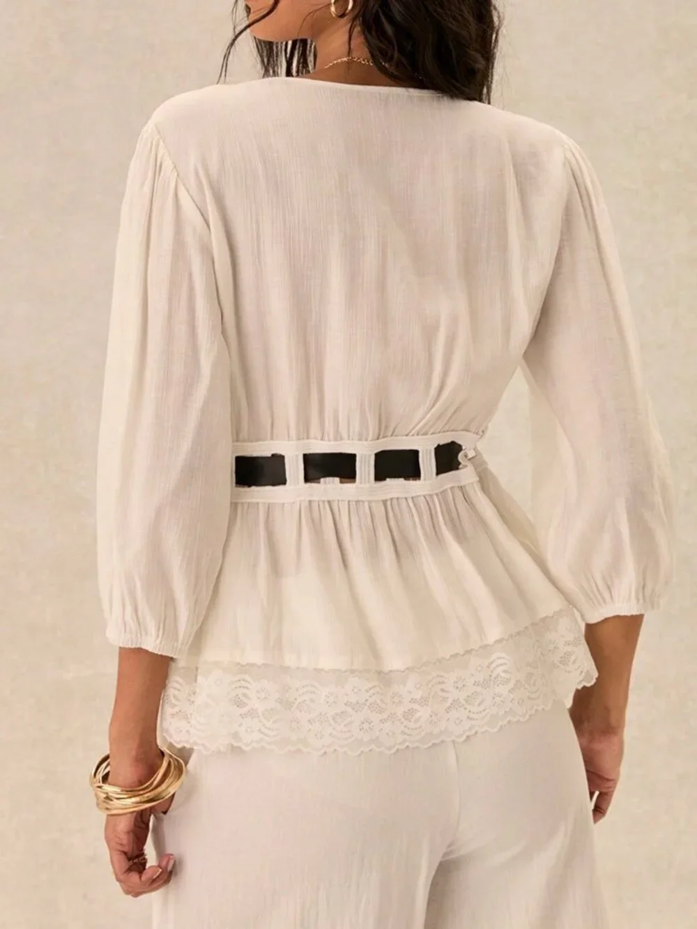 White Bohemian Women's Lace Patchwork V-Neck Waist Cinched Romantic Blouse